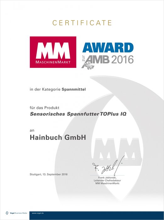 Spannfutter Toplus IQ gewinnt den Innovationspreis »MM Award zur AMB 2016«